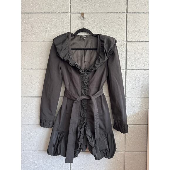 Vintage Y2K Womens Bebe Ruffle Collar Nylon Trench Coat in Black sz S Whimsigoth - Picture 1 of 5